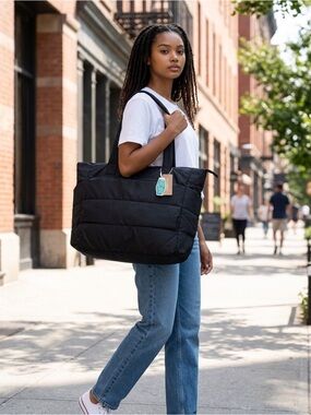 Everyday Quilted Black Tote Bag with Wide Straps